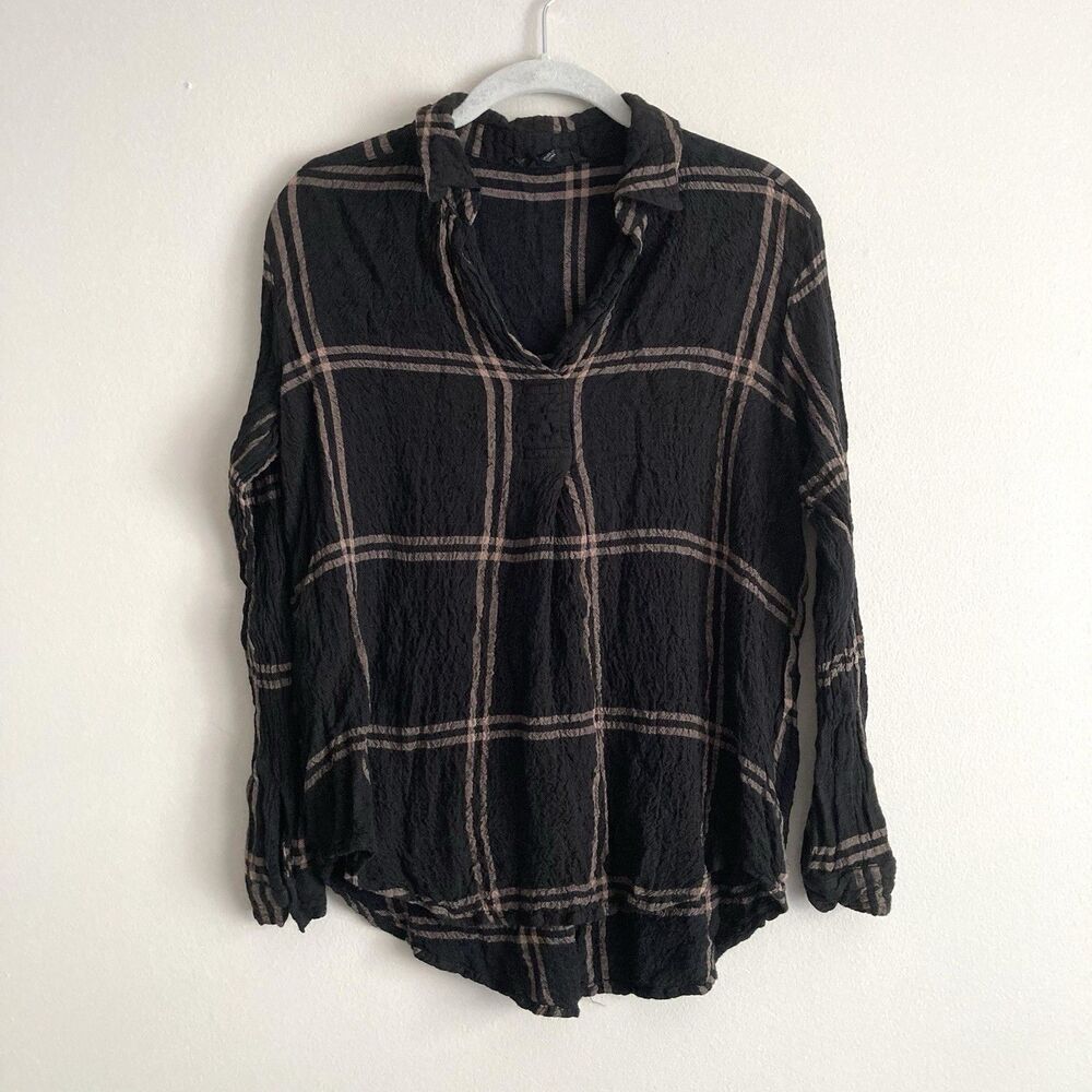 Jane & Delancey Black Brown Plaid Gauze Shirt Size Medium Rayon Lagenlook